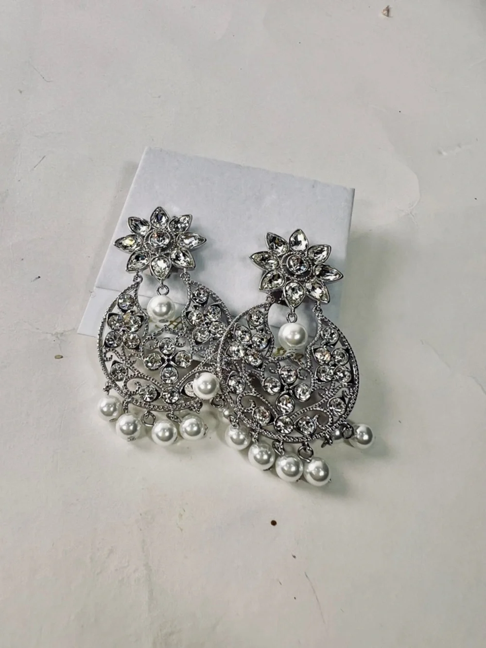 Fifth Avenue Collection Swarovski Silver Pearl Drop Chandelier Earrings - Picture 2 of 6